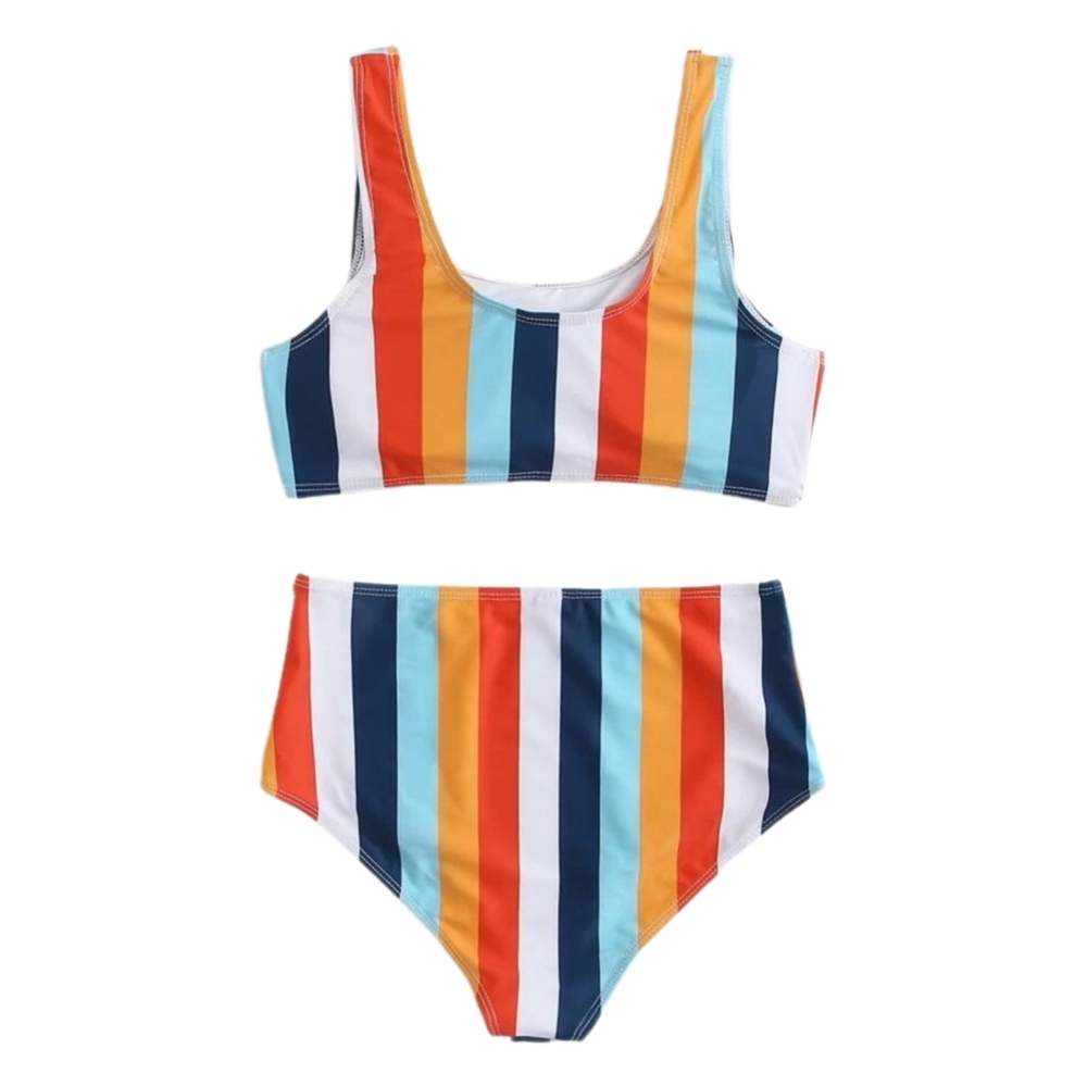 Colorful Striped High Waisted Bikini Swimsuit - Picture 1 of 2
